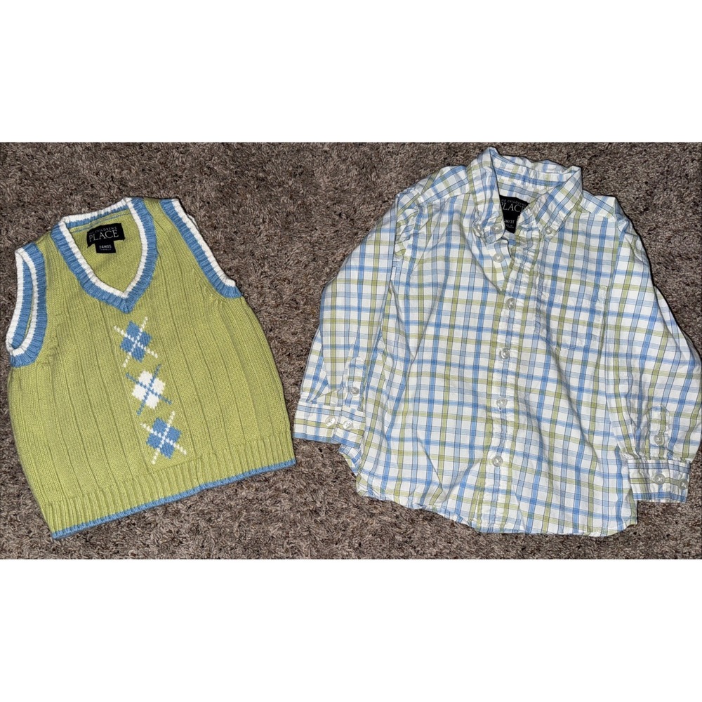 The Children's Place Argyle Green/Blue Shirt 3T Vest 24 Months 2000's Matching